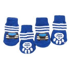 4 Pack Knitted Dog Socks Blue Car Pattern Paw Protection for Indoor Pets