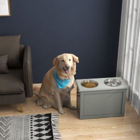Raised Pet Feeding Storage Station with 2 Stainless Steel Bowls – Gray (Large Dogs)