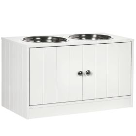 Elevated Dog Feeding Station with Storage – 2 Stainless Steel Bowls (White, 23.6" x 11.8" x 14")