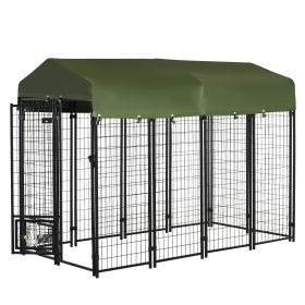 Outdoor Dog Kennel with Lockable Door Welded Wire Steel Playpen and Rotating Bowl Holders Green