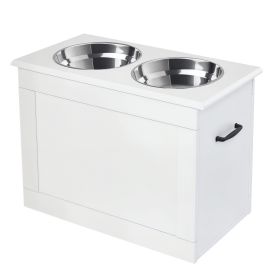 Large Elevated Pet Feeder with Storage – 2 Stainless Steel Bowls, White