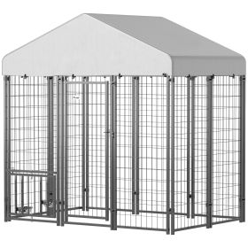 Outdoor Dog Kennel with Waterproof UV-Resistant Cover & Adjustable Feeding Bowls, 5.9×4×6 ft