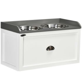 Raised Pet Feeding Station with Storage – 2 Stainless Steel Bowls, White
