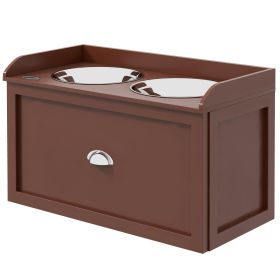 Raised Dog Bowl Stand with Storage Drawer – 2 Stainless Steel Bowls (Brown)