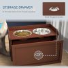 Raised Dog Bowl Stand with Storage Drawer – 2 Stainless Steel Bowls (Brown)