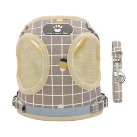 Dog Harnesses and dog leash set; New Pet Towing Rope Vest Dog Chest Strap Breathable Reflective Small Dog Towing Rope Pet Supplies (Color: Khaki lattice, Specification (L * W): S)