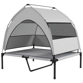 Elevated Dog Bed with Removable Canopy, Portable Outside Raised Pet Cot with Cooling Pad, Storage Bag, 36" x 29.5" x 35" (Color: Light Gray)