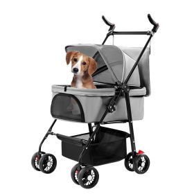 4 Wheel Pet Stroller, Foldable, w/ Removable Liner & Storage (Color: Grey)