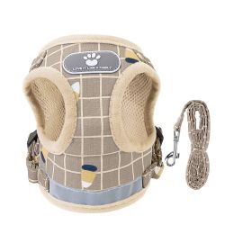 Pet Mesh Harness Dog Leash Set Reflective Chest Strap Adjustable Puppy Vest For Puppies Breeds Dogs Cats Walking Outdoor (Color: Khaki, size: XL)