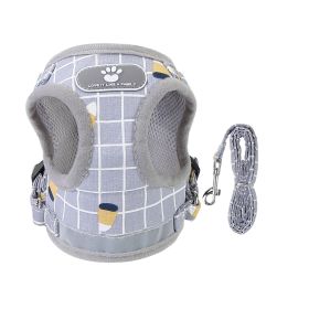 Pet Mesh Harness Dog Leash Set Reflective Chest Strap Adjustable Puppy Vest For Puppies Breeds Dogs Cats Walking Outdoor (Color: Gray, size: large)